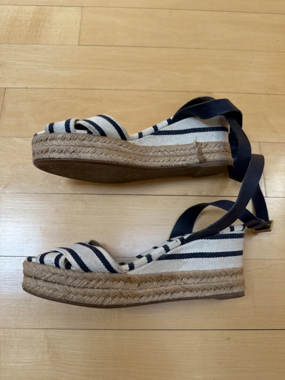 Tory Burch Striped Canvas Karissa Espadrille Wedge Sandal Ankle Strap Size 9